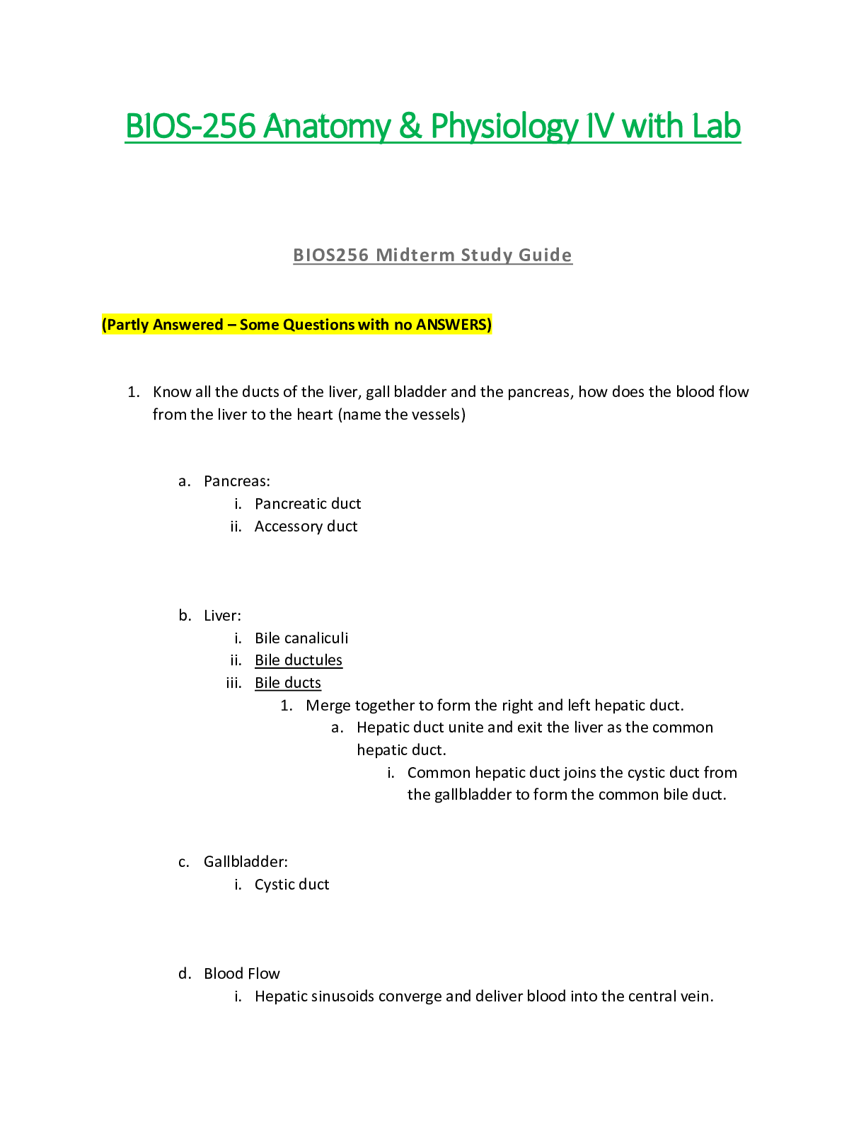 Preview of BIOS256 / BIOS 256 Midterm Study Guide   : Anatomy & Physiology IV with Lab - Chamberlain